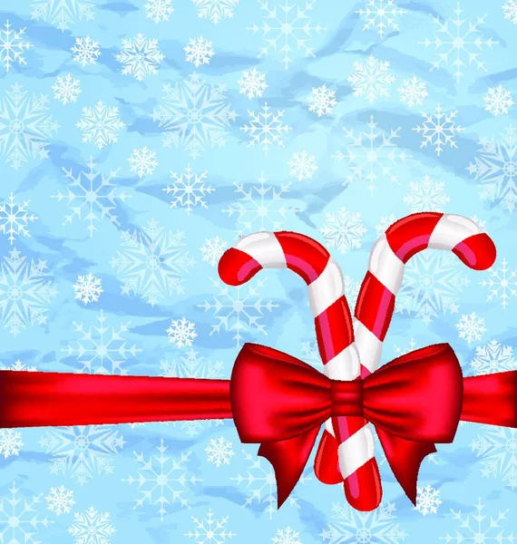 Illustratie Kerstmis Achtergrond Met Cadeau Boog Zoete Wandelstokken Sneeuwvlokken Texture — Stockvector