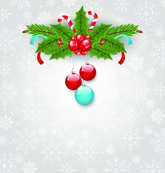 Illustrazione Sfondo Natale Con Palle Bacche Agrifoglio Pini Canne Dolci — Vettoriale Stock