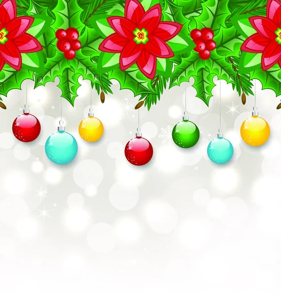 Εικονογράφηση Χριστουγεννιάτικο Φόντο Μπάλες Holly Berry Πεύκο Και Poinsettia Διάνυσμα — Διανυσματικό Αρχείο