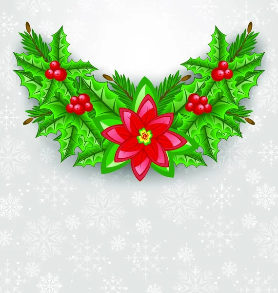 Illustrazione Decorazione Natalizia Con Holly Berry Pino Poinsettia Vettore — Vettoriale Stock