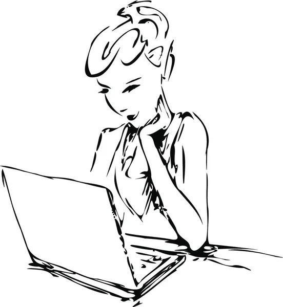 一个女孩在笔记本电脑上工作的图片 矢量说明 — 图库矢量图片