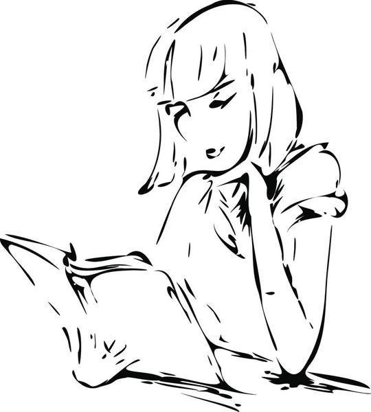 Graphische Zeichnung Eines Mädchens Beim Lesen Eines Buches Vektorillustration — Stockvektor