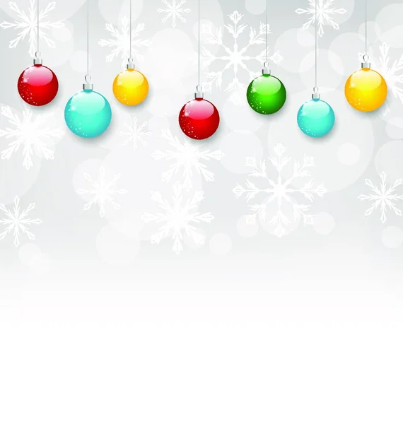 Illustratie Kerst Sneeuwvlokken Achtergrond Met Set Kleurrijke Ballen Vector — Stockvector