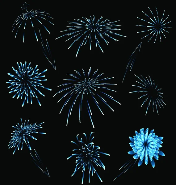 Illustration Set Different Fireworks Dark Background Vector — Stock Vector