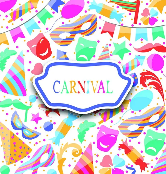 Ilustración Postal Festiva Con Carnaval Iconos Colores Objetos Vector — Archivo Imágenes Vectoriales