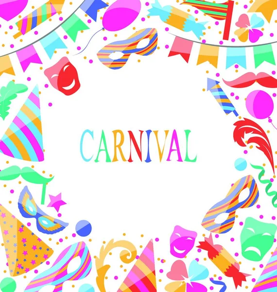 Εικονογράφηση Γιορτή Καρναβάλι Κάρτα Κόμμα Πολύχρωμα Εικονίδια Και Αντικείμενα Διάνυσμα — Διανυσματικό Αρχείο