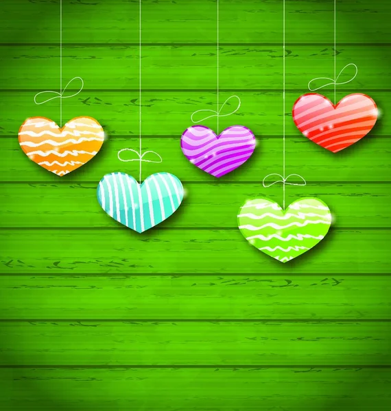 Ілюстрація Барвистих Сердець Висять Зеленій Дерев Яній Текстурі Валентина День — стоковий вектор