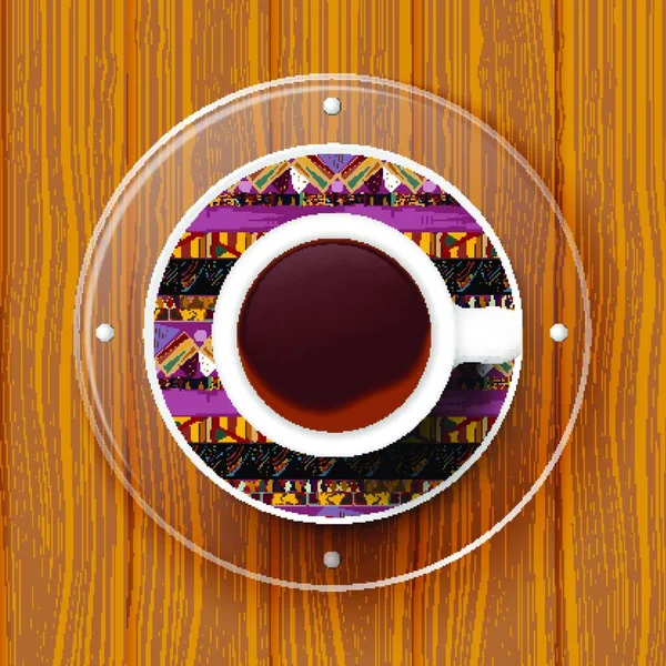 Tasse Kaffee Auf Einer Untertasse Mit Tribal Textur Vektorillustration — Stockvektor