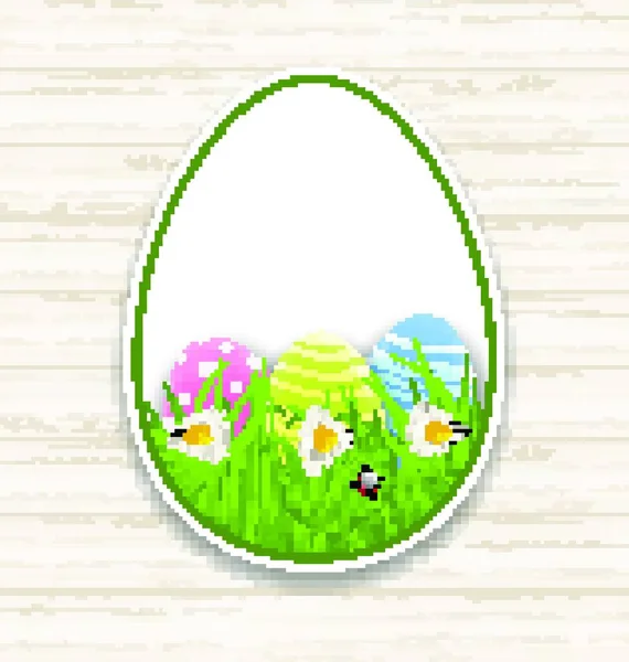 Ilustración Papel Pascua Huevos Pegajosos Con Hierba Verde Flores Vector — Vector de stock
