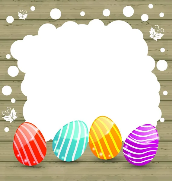 Ilustración Tarjeta Vacaciones Con Huevos Color Pascua Fondo Madera Vector — Vector de stock