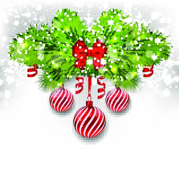 イラストモミの枝 ガラスのボール リボンの弓 ストリーマーとクリスマス輝く背景 ベクター — ストックベクタ