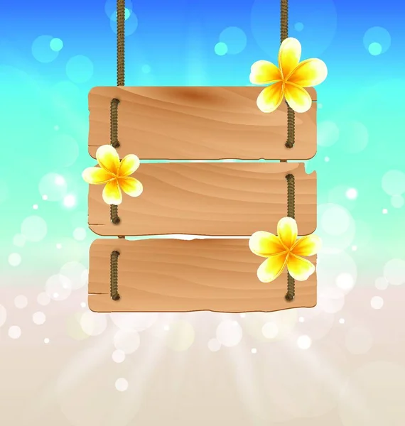 木製看板をぶら下げの図の熱帯の花プルメリア ベクトル — ストックベクタ