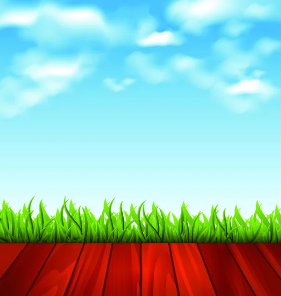 Синее Небо Облака Свежесть Весенняя Зеленая Трава Деревянный Пол Вектор — стоковый вектор