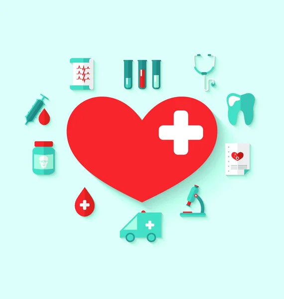 Ilustración Colección Moderna Iconos Planos Corazones Elementos Médicos Estilo Simple — Vector de stock