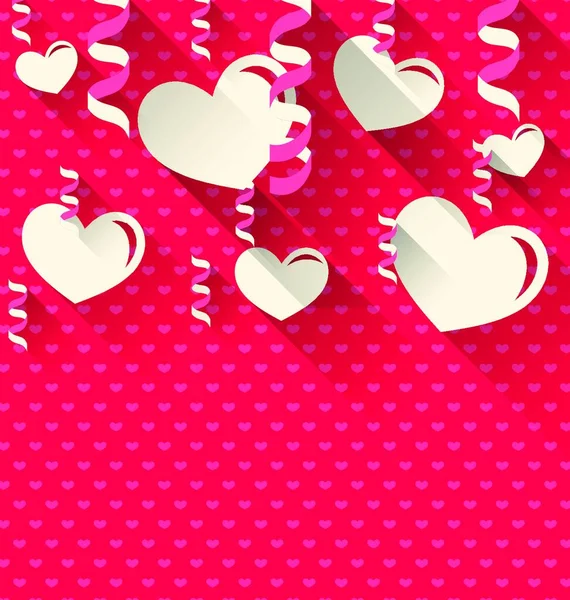 Illustration Valentinstag Hintergrund Mit Papier Herzen Und Serpentin Trendy Flachen — Stockvektor