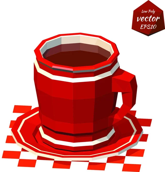 Red Cup Saucer Drink Isolated White Background Low Poly Style — Stock Vector