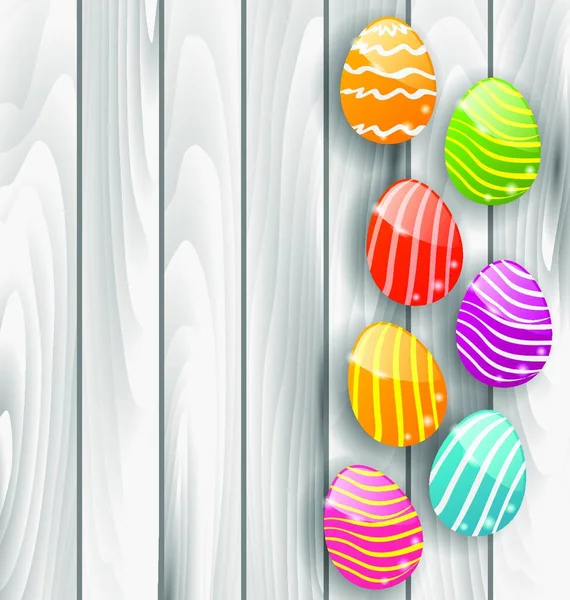 Ilustracja Wielkanocne Błyszczące Kolorowe Jaja Szarej Drewnianej Fakturze Wektor — Wektor stockowy