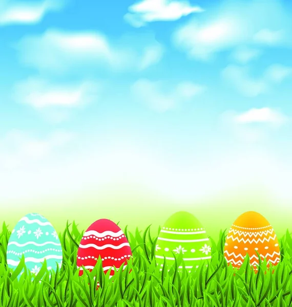 Illustration Ostern Natürliche Landschaft Mit Traditionellen Bunten Eiern Graswiese Blauem — Stockvektor