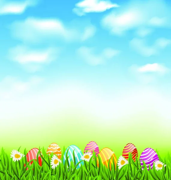 Пасхальный Природный Пейзаж Традиционными Крашеными Яйцами Траве Голубом Небе Облаках — стоковый вектор