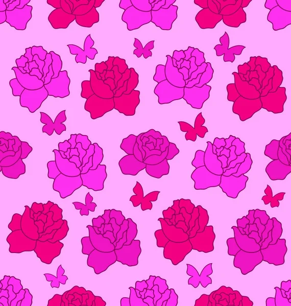 Ilustração Textura Sem Costura Com Flores Rosas Borboletas Pink Romantic — Vetor de Stock