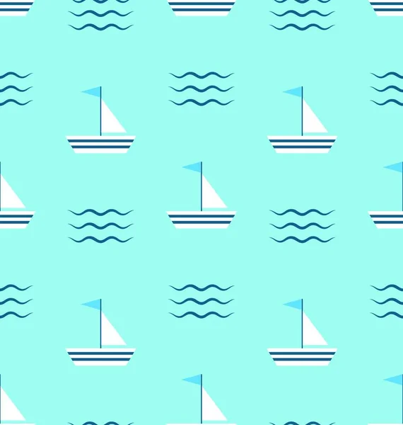 繊細な波と青の背景に帆ボートとシームレスなパターン 繊細な波と青の背景に帆ボートとシームレスなパターン ベクター — ストックベクタ