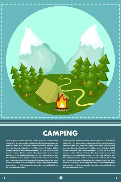 Kamp Temalı Şenlik Ateşiyle Ilgili Düz Web Pankartı Kamp Posteri — Stok Vektör