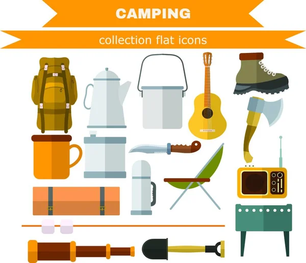 Juego Objetos Camping Fondo Blanco Camping Con Tarifa Plana Recogida — Vector de stock