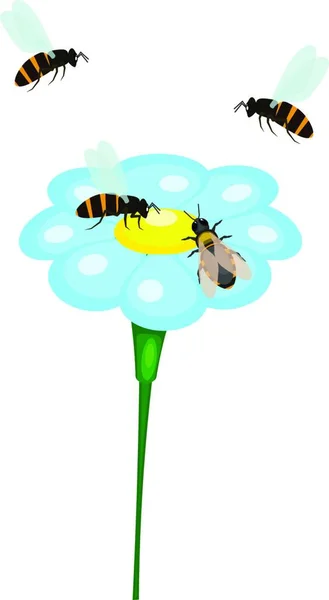 Méhecske Kék Virág Fehér Háttérrel Rajzfilm Vektorillusztráció — Stock Vector