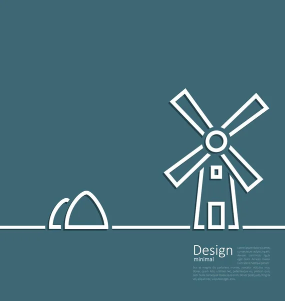 Illustration Dorf Landschaft Windmühle Heuhaufen Design Minimalen Linienstil Vektor — Stockvektor