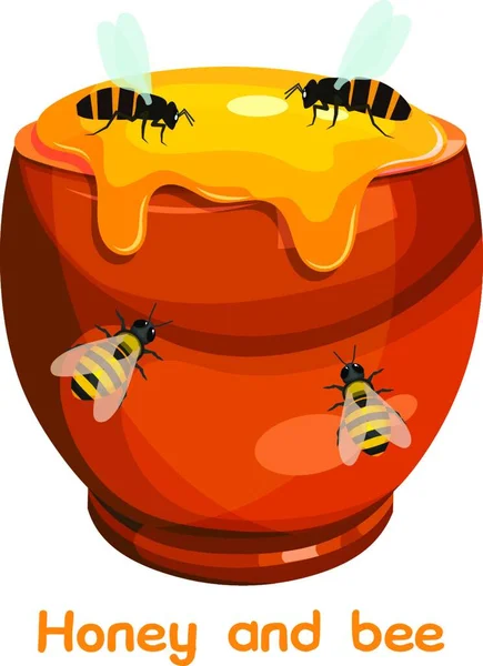 Kreskówka Obraz Glinianym Garnku Miodem Pszczoły Ilustracja Wektorowa — Wektor stockowy