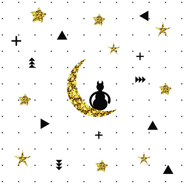 猫は月に座っている 黄金の月に座っている 月のパターン — ストックベクタ