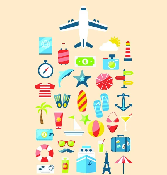 Ilustración Plano Diseño Moderno Conjunto Iconos Viaje Viaje Vacaciones Objetos — Vector de stock