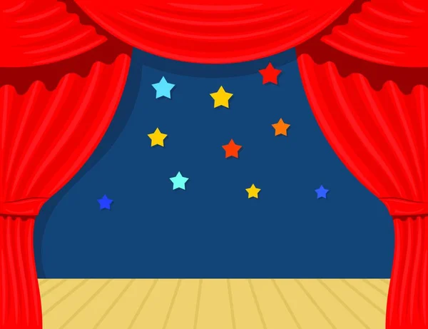 スター付きの漫画劇場 白い背景に劇場のカーテン 劇場のシーンは ステージ上の赤い絹の側のシーン 株式ベクトル — ストックベクタ