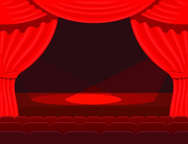 スポットライト付きの漫画劇場がビーム スポットライト付きのシアターカーテンが梁 劇場のカーテンを開けて ステージ上の赤い絹の側のシーン 株式ベクトル — ストックベクタ