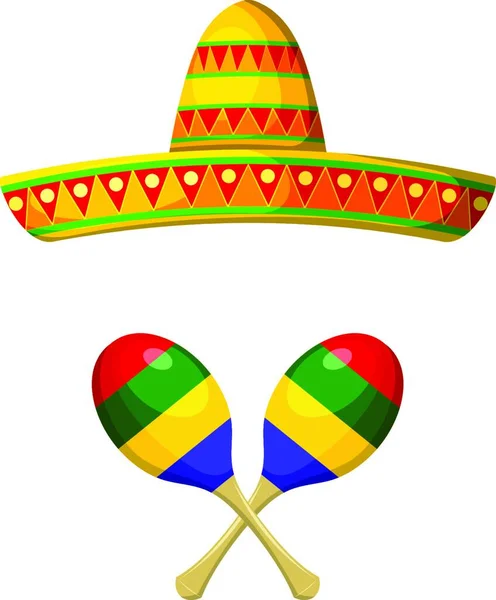 Sombrero Mexicano Nacional Maracas Fundo Branco Objetos Festival — Vetor de Stock