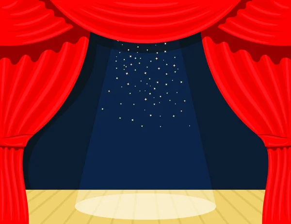 Карикатурный Театр Театральный Занавес Прожекторами Звездами Открытый Театральный Занавес — стоковый вектор