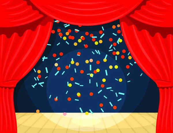 Teatro Vector Cartoon Con Cortina Abierta Rayos Focos Cayendo Confetti — Vector de stock