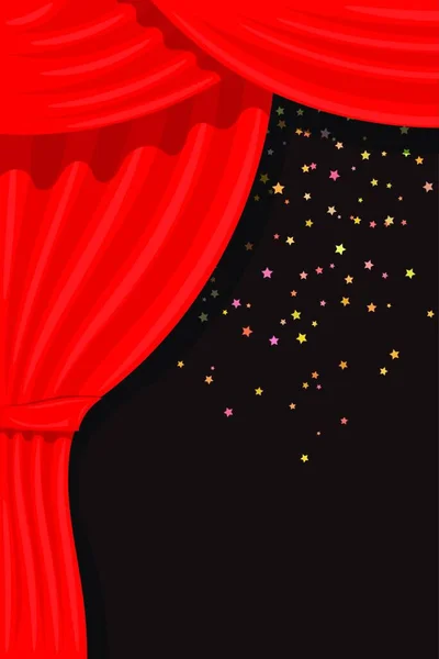 Kreslené Divadlo Rozevřenou Oponou Paprsky Reflektorů Padající Hvězdy Barevná Ilustrace — Stockový vektor