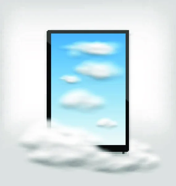 Ilustrace Tablet Počítač Mraky Modré Nebe Abstraktní Obrázek Vektor — Stockový vektor