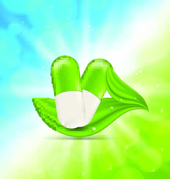 Illustration Naturliga Medicinska Piller Med Gröna Blad Blå Upplyst Bakgrund — Stock vektor