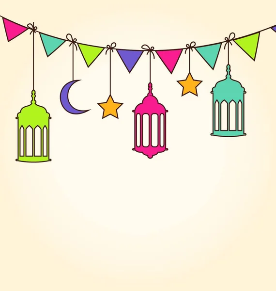 Ilustrație Fundal Pentru Ramadan Kareem Lămpi Agățate Colorate Stilouri Bunting — Vector de stoc