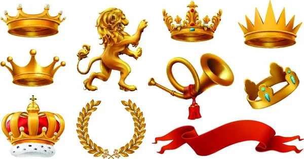 Gouden Kroon Van Koning Laurel Krans Trompet Leeuw Lint Vectorpictogram — Stockvector