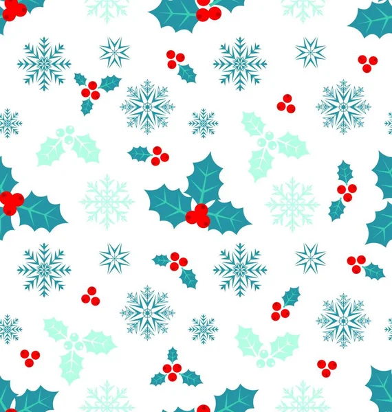 Illustration Seamless Pattern Christmas Holly Berry Snowflakes Vector — Stock Vector