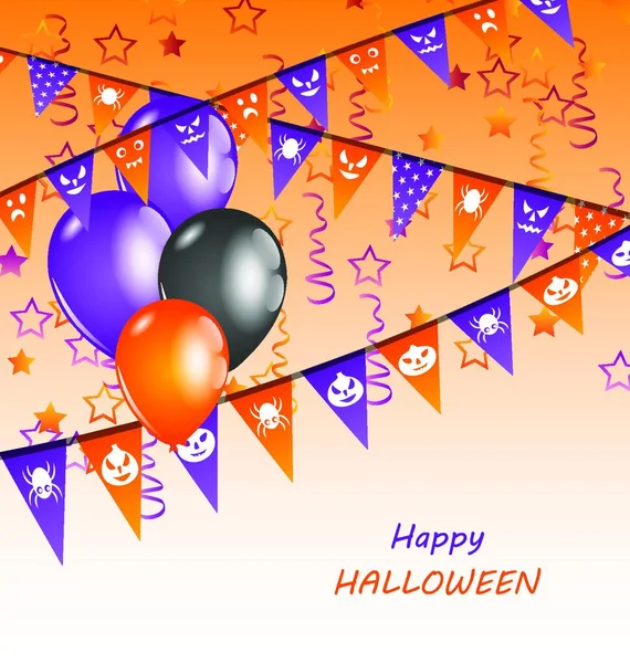 Hängande Flaggor Och Ballonger För Happy Halloweenparty Vektor Illustration — Stock vektor