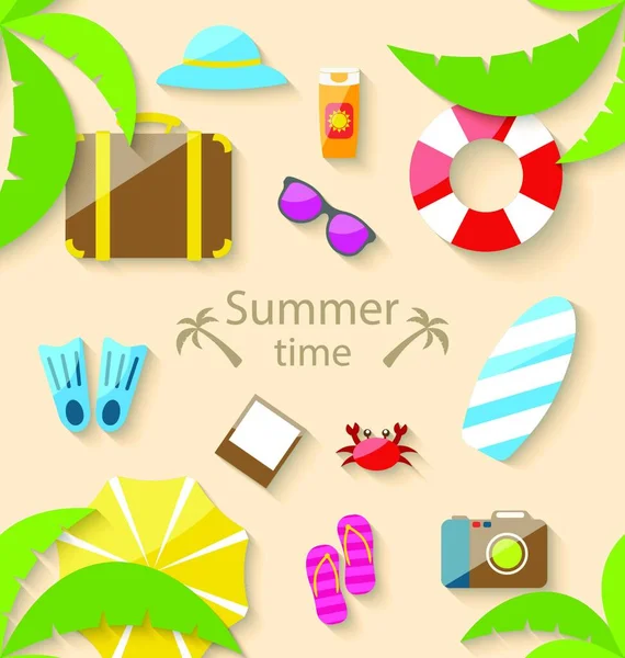 Ilustración Vacaciones Verano Con Conjunto Plano Iconos Simples Colores Vector — Vector de stock