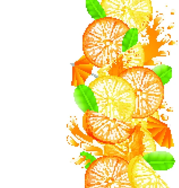 Streszczenie Granica Ilustracja Plasterki Pomarańczy Cytryny Liście Owoce Rozchlapać Sok — Wektor stockowy