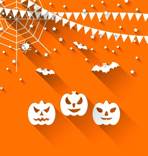 Ilustracja Halloween Papieru Tle Dynie Nietoperze Spyder Web Bunting Pennants — Wektor stockowy