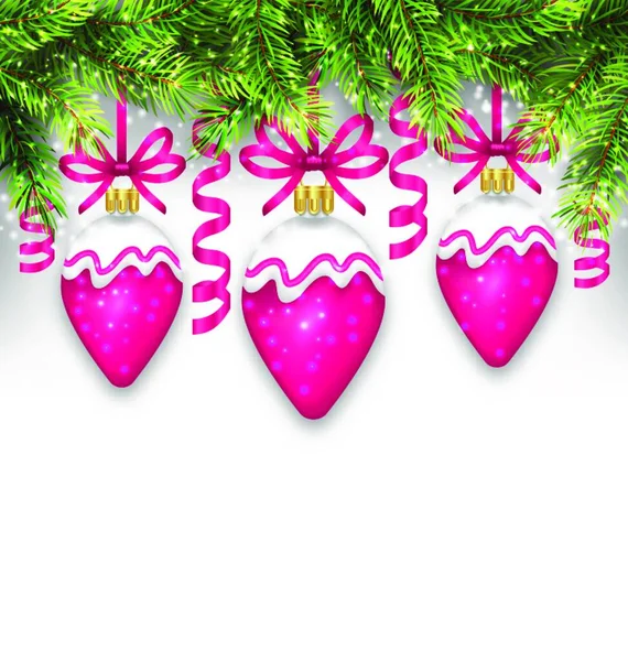 Illustration Shimmering Light Wallpaper Pew Branches Christmas Pink Balls Happy — 스톡 벡터