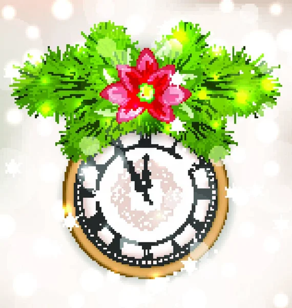 Ilustración Nueva Noche Año Media Con Reloj Twigs Fir Flores — Vector de stock