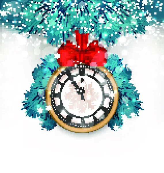 Ilustración Nueva Noche Año Media Con Reloj Twigs Fir Vector — Vector de stock